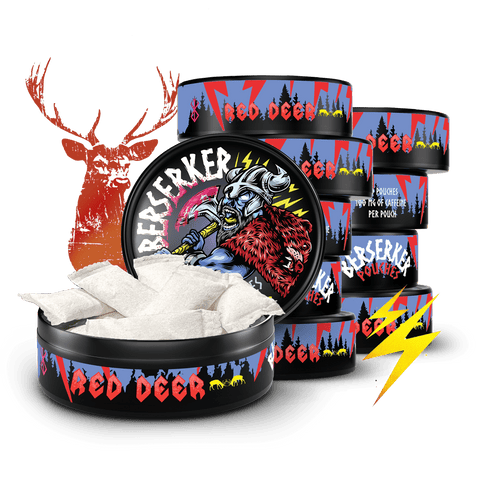Stack of 10 cans of Red Deer Berserker caffeine pouches product packaging with a deer illustration on a white background and lighting bolts in the foreground implying it's an energy pouch.
