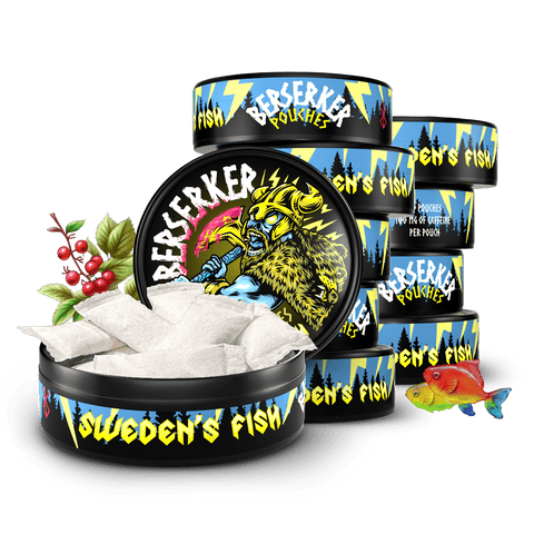 10 pack of Berserker caffeine energy pouches with blue and yellow packaging and 'Sweden's Fish' branding. Lingonberries subtly in the background and colorful fish in the foreground insinuating the Swedish fish flavor.