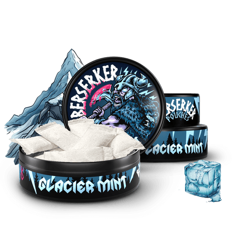 3 can stack of Berserker Glacier Mint caffeine pouches with an frozen mountain in the background and an ice cube in the foreground. The front can is open showing the white discreet energy pouches inside.