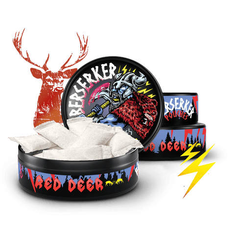 Stack of 3 cans of Red Deer Berserker caffeine pouches product packaging with a deer illustration on a white background and lighting bolts in the foreground implying it's an energy pouch.
