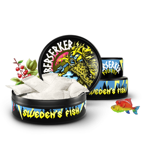 3 pack of Berserker caffeine energy pouches with blue and yellow packaging and 'Sweden's Fish' branding. Lingonberries subtly in the background and colorful fish in the foreground insinuating the Swedish fish flavor.