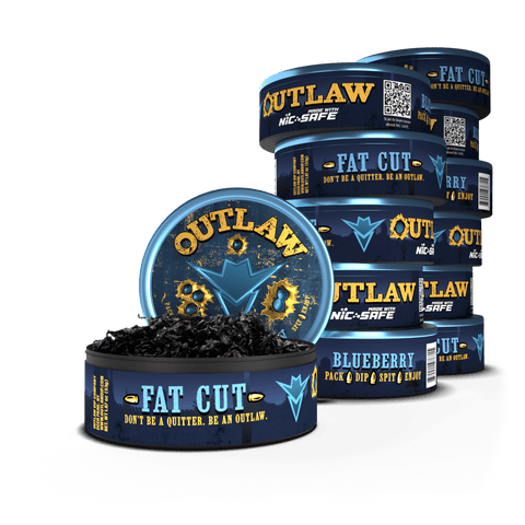 12 pack of Outlaw blueberry flavor tobacco free and Nicotine free fat cut chew in blue packaging with the front can showing the loose leaf dip product inside