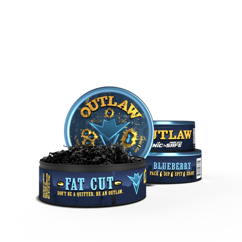 3 pack of Outlaw blueberry flavor tobacco free and Nicotine free fat cut chew in blue packaging with the front can showing the loose leaf dip product inside