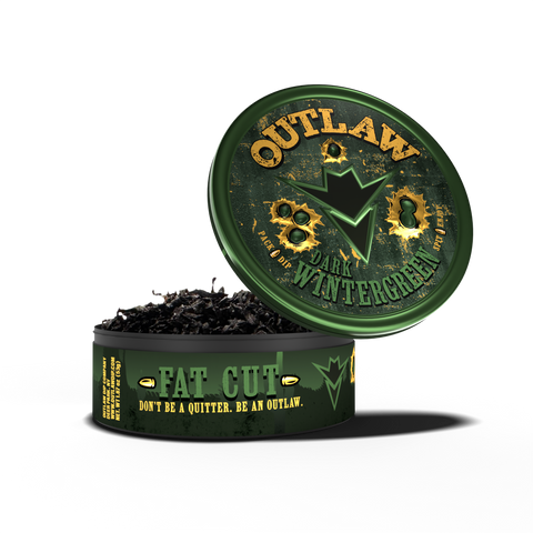 A tin of Outlaw Dark Wintergreen Fat Cut tobacco free chew with a green and black label showing it's tobacco and nicotine free.