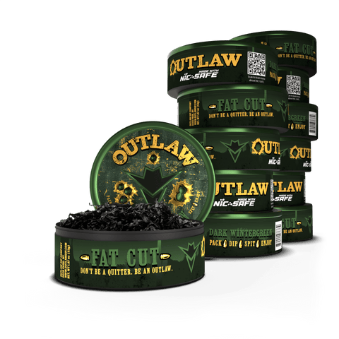 12 pack of Outlaw dark wintergreen tobacco free and Nicotine free Fat cut dip in dark green packaging with the front can showing the loose leaf chew inside.