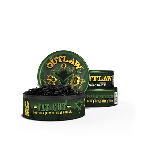 3 pack of Outlaw dark wintergreen tobacco free and Nicotine free Fat cut dip in dark green packaging with the front can showing the loose leaf chew inside.