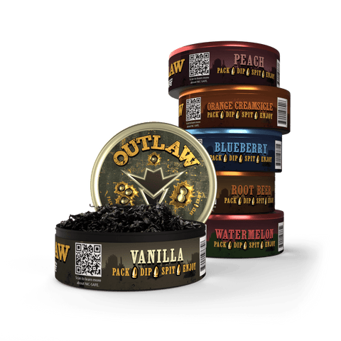 A first timers stack of six Outlaw brand fat cut dip tobacco free cans in various flavors including Vanilla, Peach, Blueberry, Root Beer, Watermelon, and Orange Creamsicle.