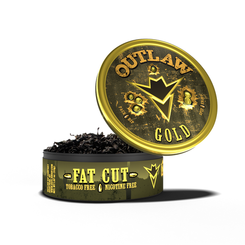 A tin of Outlaw Gold Fat Cut tobacco free dip, with the lid open displaying the long cut product inside. The tin has a black and gold color scheme with the brand logo and text.