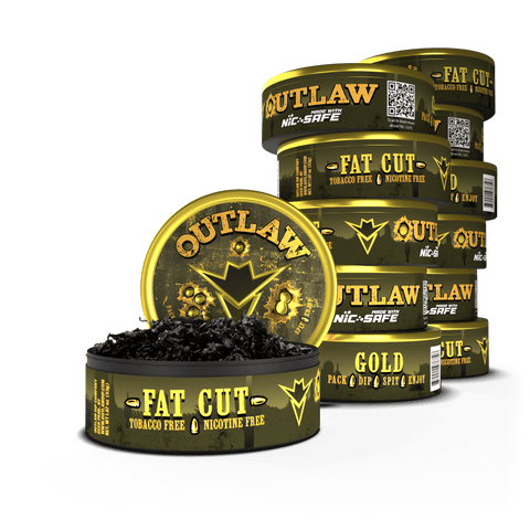 12 pack of Outlaw Gold tobacco free and Nicotine free fat cut dip in gold packaging with the front can showing the loose leaf product inside.