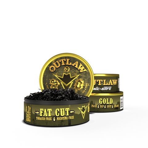 3 pack of Outlaw Gold tobacco free and Nicotine free fat cut dip in gold packaging with the front can showing the loose leaf product inside.