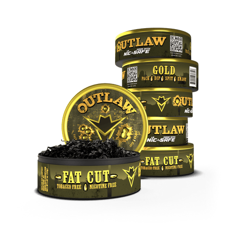 A stack of Outlaw Gold Fat Cut tobacco-free dip containers with the front container partially open showing the loose leaf product inside. The packaging is predominantly black with gold accents and text.