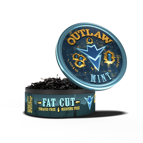 A product image featuring a can of Outlaw Mint Fat Cut, which is tobacco-free and nicotine-free. The can is labeled with the brand and flavor name, and displays a blue color scheme and gold text.