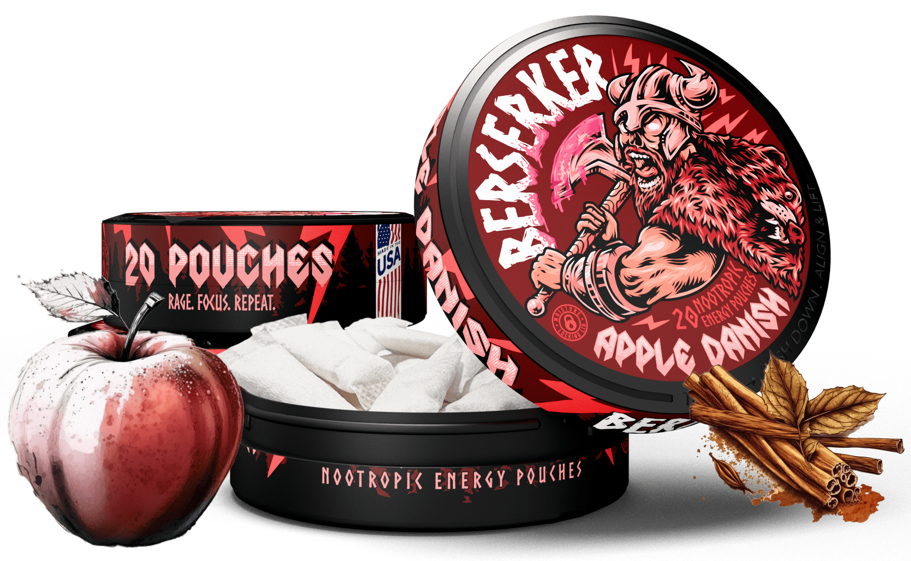 洋楽 Enmity/emotionless addiction to butcher Berserker Apple Danish Caffeine Pouches - Zyn Alternative – Outlaw