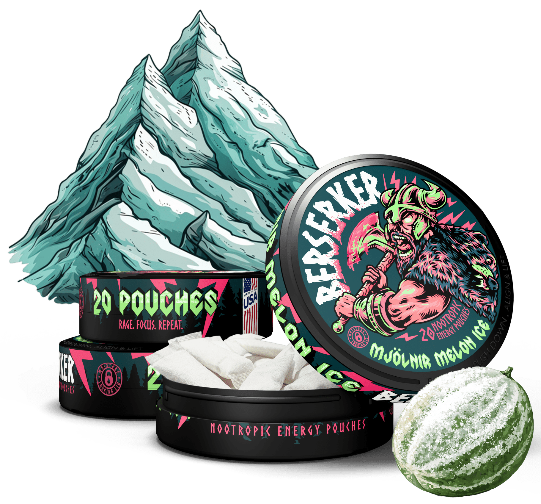 Berserker Mjolnir Melon Ice Caffeine Pouches - Zyn Alternative