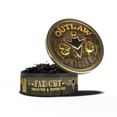 A tin of Outlaw Original Fat Cut dip, with the product visible through an open lid. The packaging is dark with gold and brown text, and the product is described as tobacco-free and nicotine-free.