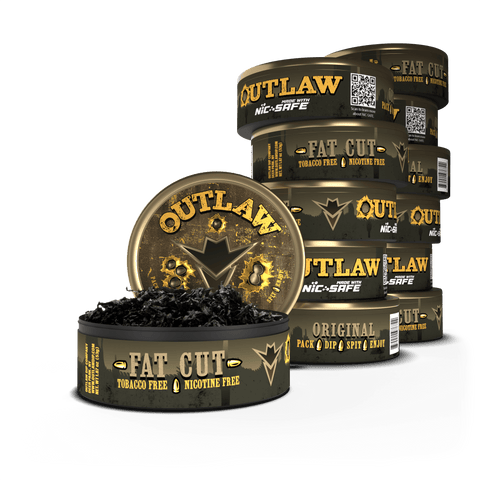 12 pack of Outlaw Fat Cut Original flavor tobacco-free product with the front can being open showing the nicotine-free loose leaf cut