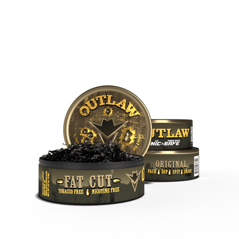 3 pack of Outlaw Fat Cut Original flavor tobacco-free product with the front can being open showing the nicotine-free loose leaf cut