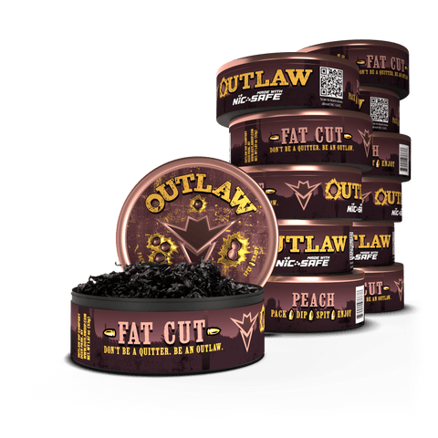 12 pack of Outlaw Peach tobacco free and Nicotine free Fat cut dip in pink packaging with the front can showing the loose leaf product inside.