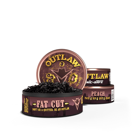3 pack of Outlaw Peach tobacco free and Nicotine free Fat cut dip in pink packaging with the front can showing the loose leaf product inside.