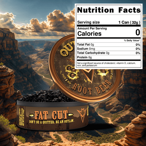 A tin of Outlaw Root Beer fat cut tobacco free chew with a sunny canyon background displaying the products nutrition facts.