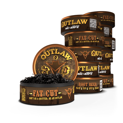 12 pack of Outlaw Root Beer tobacco free and Nicotine free moist dip fat cut in brown packaging with the front can showing the loose leaf product inside