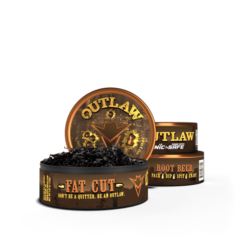 3 pack of Outlaw Root Beer tobacco free and Nicotine free moist dip fat cut in brown packaging with the front can showing the loose leaf product inside