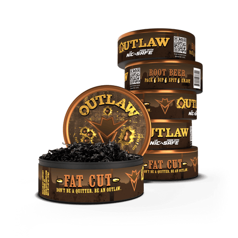 A stack of Outlaw Ramblin' Rootbeer Fat Cut tobacco free containers, with the front container partially open showing the long cut product inside. The packaging is predominantly dark with gold and brown text and graphics.