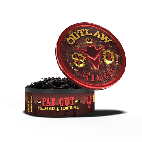 A tin of Outlaw Straight Fat Cut tobacco free dip, with the lid open displaying the long cut product inside. The tin has a black and red color scheme with text and branding.