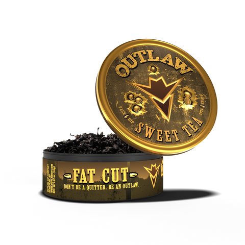 A can of Outlaw Southern Sweet Tea Fat Cut tobacco free dip, with the product name and brand prominently displayed on the orange-colored lid.