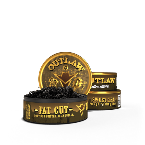 3 pack of Outlaw Sweet Tea tobacco free and Nicotine free fat cut dip in orange packaging with the front can showing the loose leaf nicotine free product inside