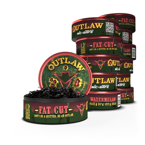 12 pack of Outlaw Watermelon tobacco free and Nicotine free fat cut dip in pink and green packaging with the front can showing the loose leaf pinch-able dip product inside
