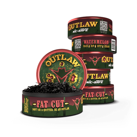 A stack of Outlaw Wild Watermelon Fat Cut containers with the front one open showing the long cut product inside. The packaging features a lot of pink and green with an image of a watermelon and the brand logo.