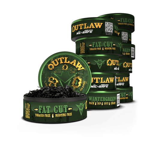12 pack of Outlaw Wintergreen tobacco free and Nicotine free fat cut dip in green packaging with the front can showing the loose leaf product inside.