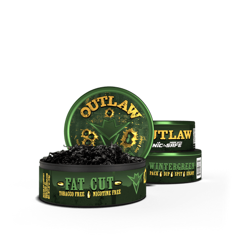 3 pack of Outlaw Wintergreen tobacco free and Nicotine free fat cut dip in green packaging with the front can showing the loose leaf product inside.
