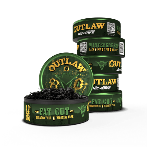 6 pack of Outlaw wintergreen flavor tobacco free and Nicotine free fat cut chew in green packaging with the front can showing the loose leaf dip product inside