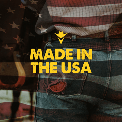 Cowboy with denim jeans on and an Outlaw Dip Can in his back pocket. American flag overlay with the text 'Made in the USA' implying Outlaw Tobacco Free Dip is made in America.