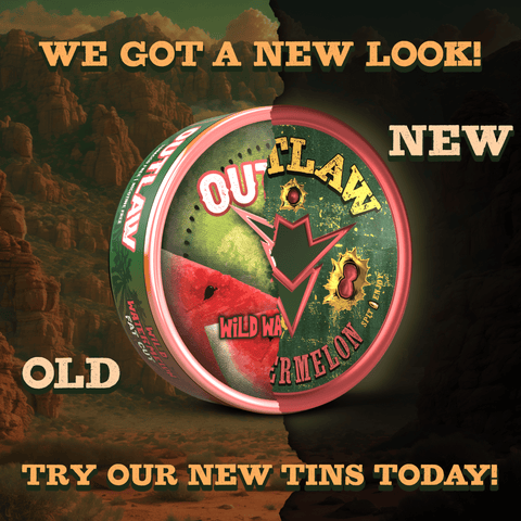 Outlaw tobacco free dip Wild Watermelon flavor product showing the old tins vs. new tins with desert landscape background and promotional text.