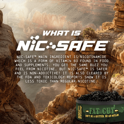 Outlaw Nic-Safe fat cut product with canyon background and text overlay suggesting Outlaw long cut product is 100% tobacco and nicotine free.
