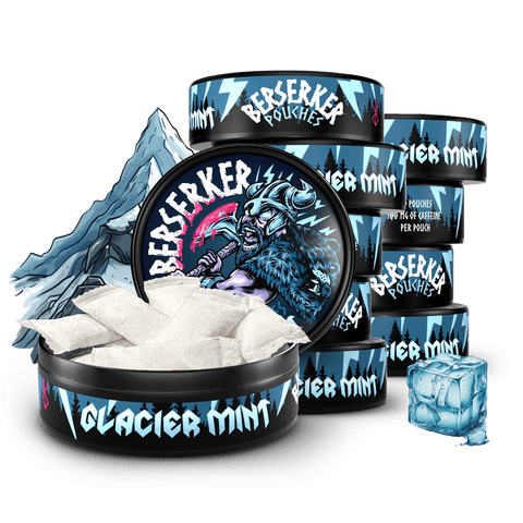 10 can stack of Berserker Glacier Mint caffeine pouches with an frozen mountain in the background and an ice cube in the foreground. The front can is open showing the white discreet energy pouches inside.