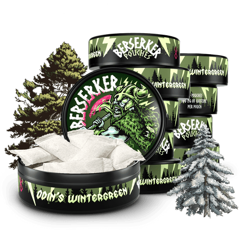 10 can stack of Berserker Odin's Wintergreen caffeine pouches with frozen trees in the background and foreground. The front can is open showing the white discreet energy pouches inside.