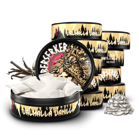 10 cans of Berserker Valhalla Vanilla caffeine pouches product packaging with vanilla beans and whipped cream on a transparent background.