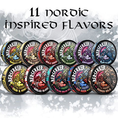 Collection of 11 Berserker caffeine pouches product containers with '11 Nordic inspired flavors' text on a snowy background.