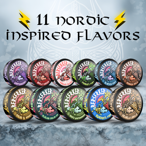 Collection of Berserker product containers with '11 Nordic inspired flavors' text on a snowy background.