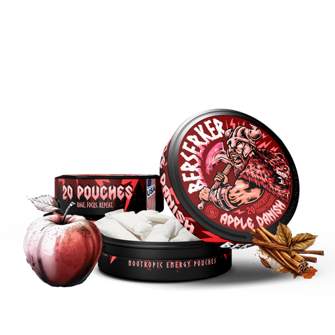 3 can stack of Berserker Apple Danish caffeine pouches with an apple in the background and cinnamon sticks in the foreground. The front can is open showing the white discreet energy pouches inside.