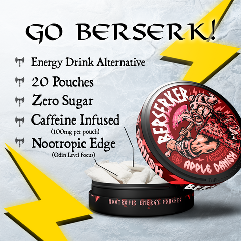 Benefits image for Berserker 'Apple Danish' flavor caffeine pouches showing zero sugar, 15 pouches, and an open can showing the pouch contents.
