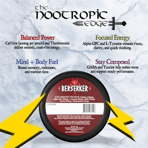 Berserker nootropic product packaging with text on a white background