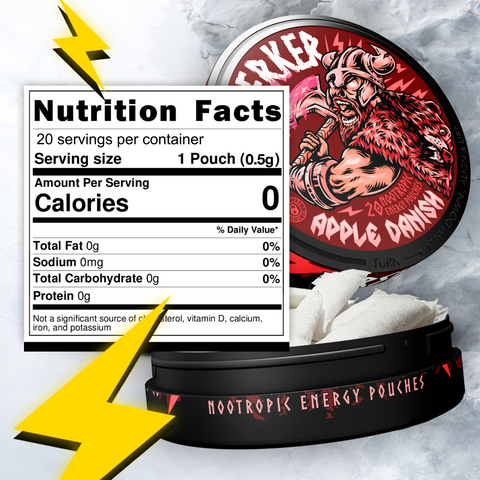 Nutrition facts image for Berserker 'Apple Danish' flavor caffeine pouches showing zero calories, 15 pouches per container and serving size. There is an open can showing the contents of what the caffeine pouch looks like inside.