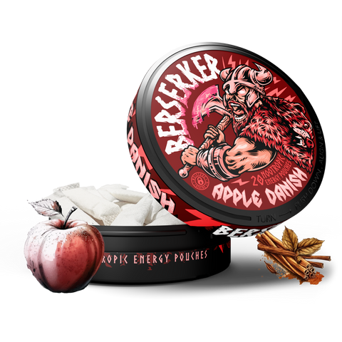 A can of Berserker Apple Danish caffeine pouches with a graphic of a Viking and an apple. The pouches are white and there are cinnamon sticks beside the can.