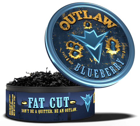 Outlaw Blueberry tobacco tin with blue and gold design on a white background