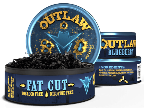 3 pack of Outlaw blueberry flavor tobacco free and Nicotine free fat cut chew in blue packaging with the front can showing the loose leaf dip product inside